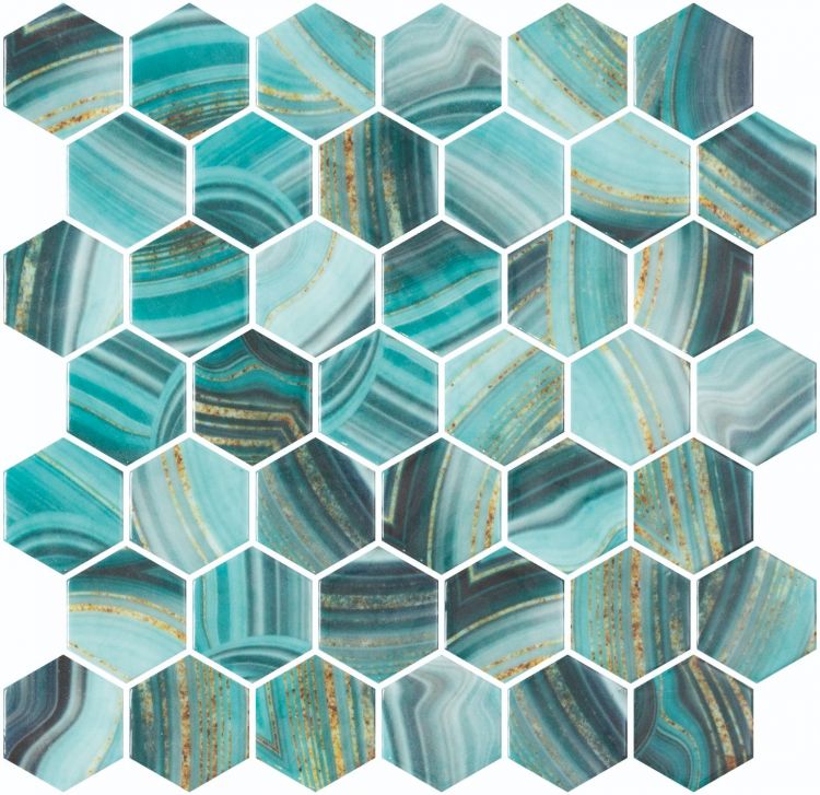 Aquatic Onyx Teal Hexagon Glass 11.25x11.25 Mosaic Tile