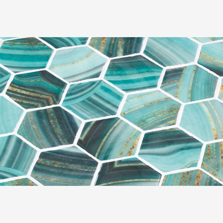 Aquatic Onyx Teal Hexagon Glass 11.25x11.25 Mosaic Tile