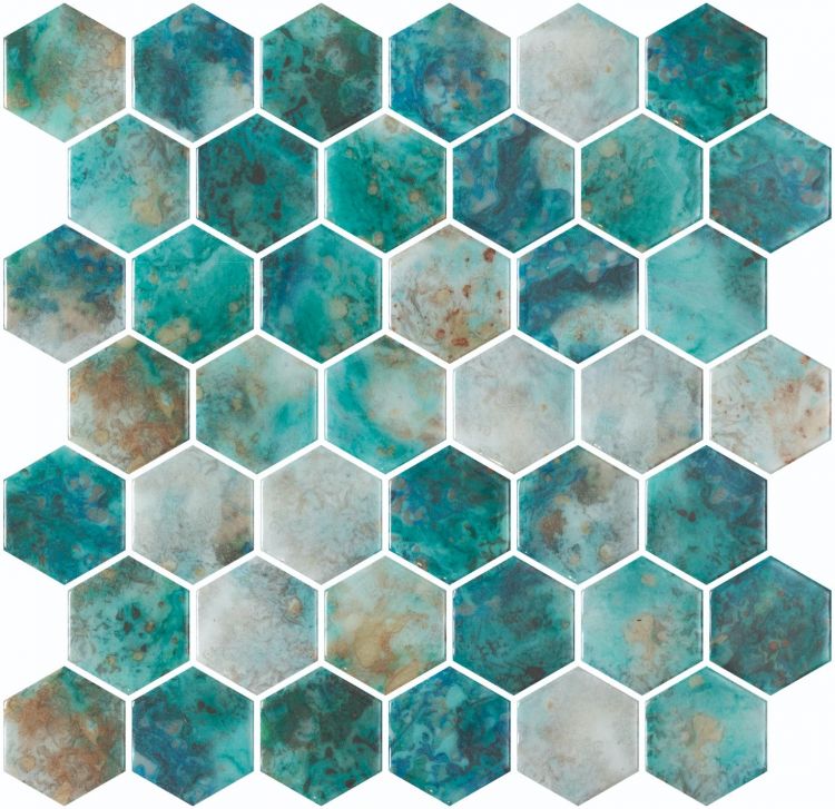 Aquatic Onyx Green Hexagon Glass 11.25x11.25 Mosaic Tile Polished