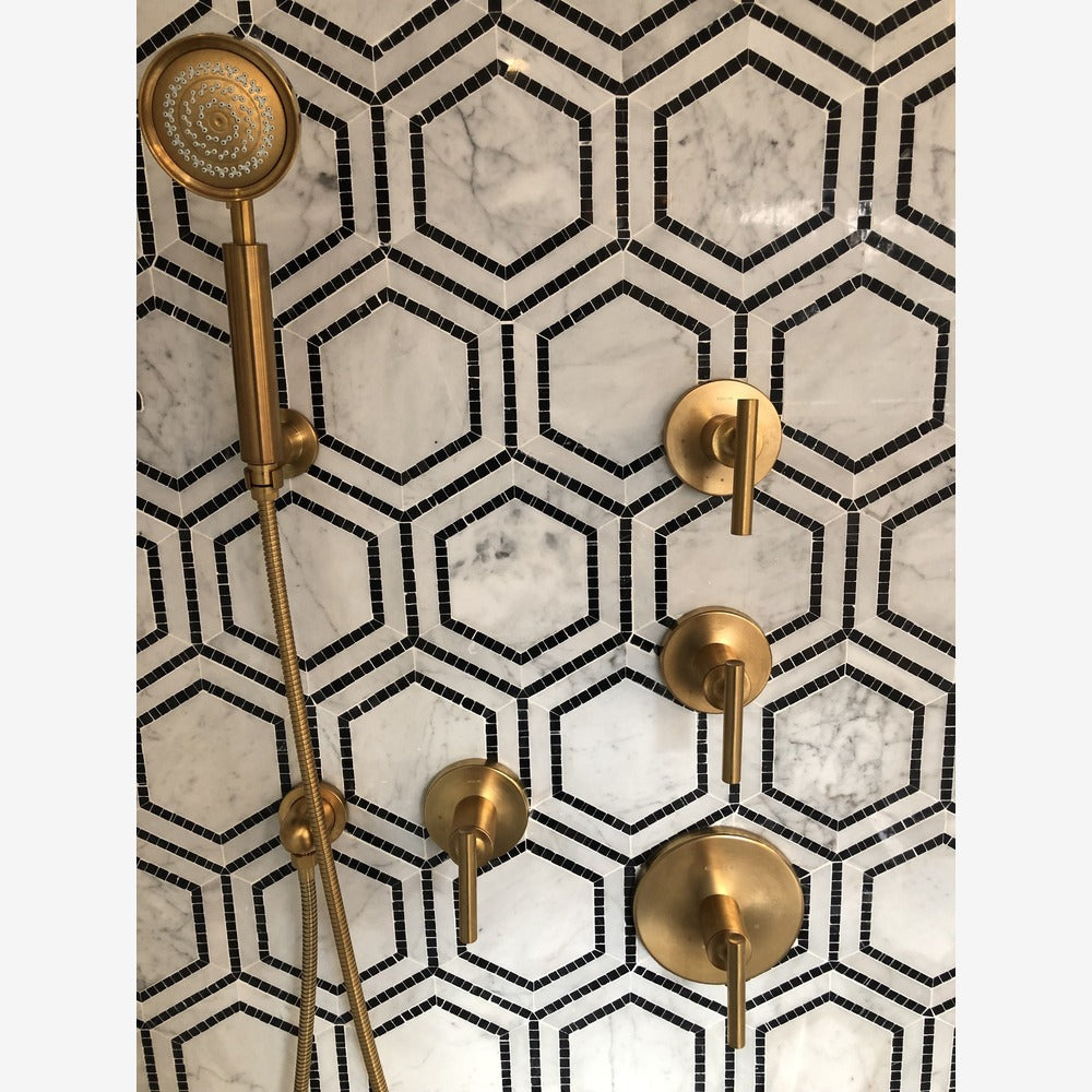 Carrara White 8x9 Milano Hexagon w/Black Marble Mosaic