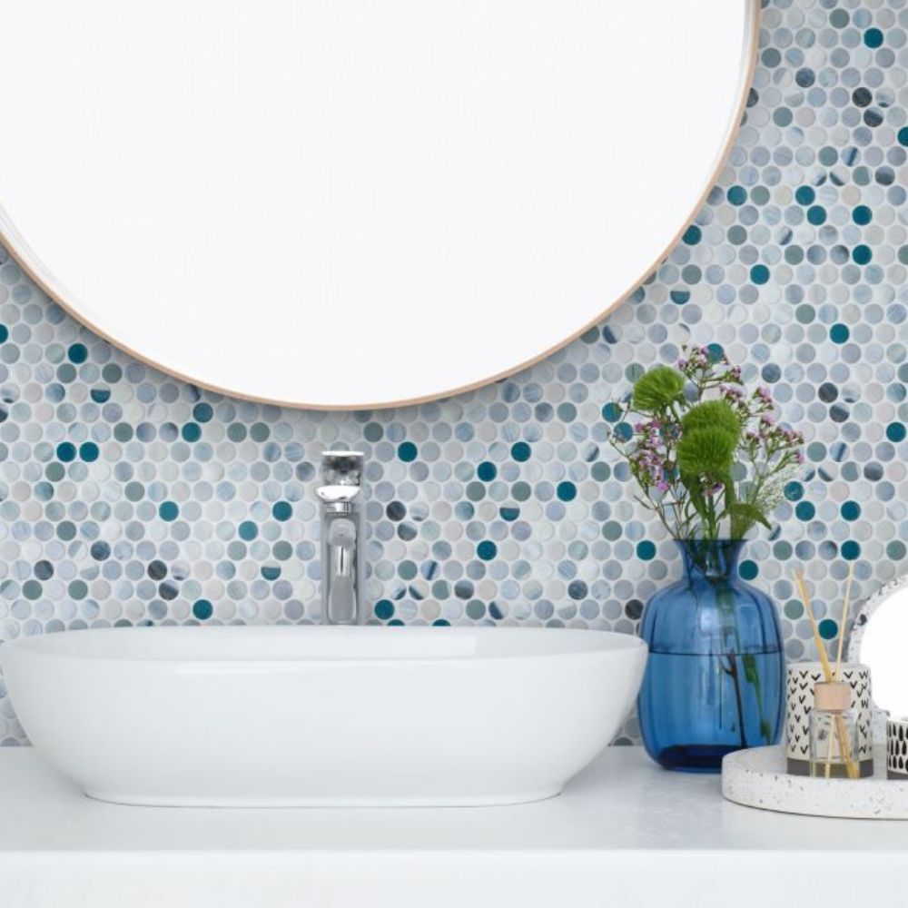 Aquatic Penny Bluish Gray Glass 11.25x11.25 Mosaic Tile