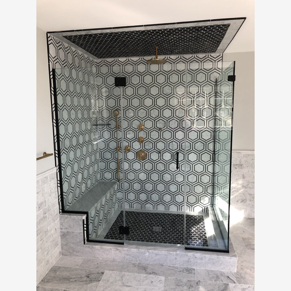 Carrara White 8x9 Milano Hexagon w/Black Marble Mosaic