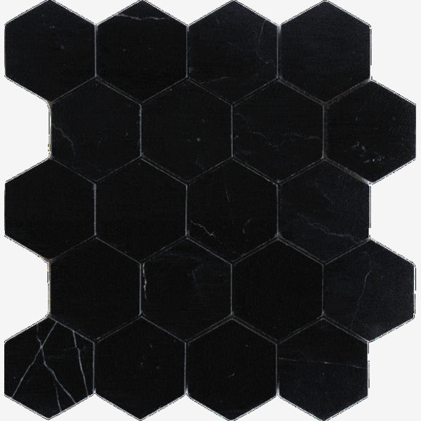 Nero Marquina 3″ Hexagon Polished/Honed Marble Mosaic