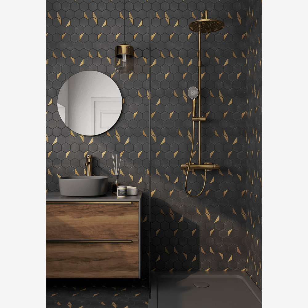 Glam Nero Marquina + Gold Brass 12x13 Glossy Hexagon Mosaic Tile