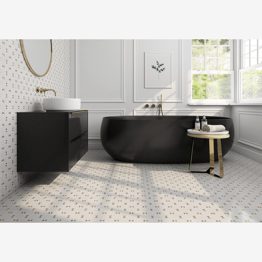 Glam Thassos White + Gold Brass 9x9 Glossy Squares Marble Tile