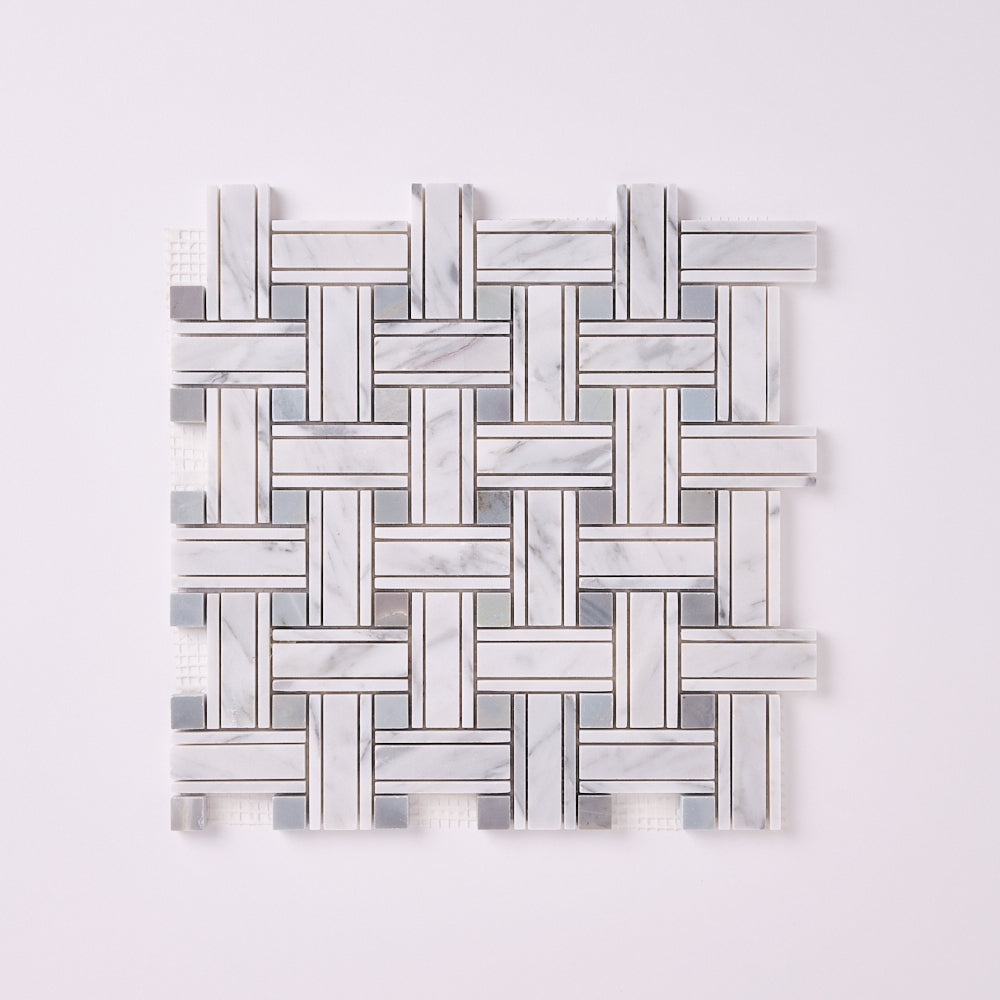 Carrara White Kenzy Basketweave with Blue Marble Polished/Honed