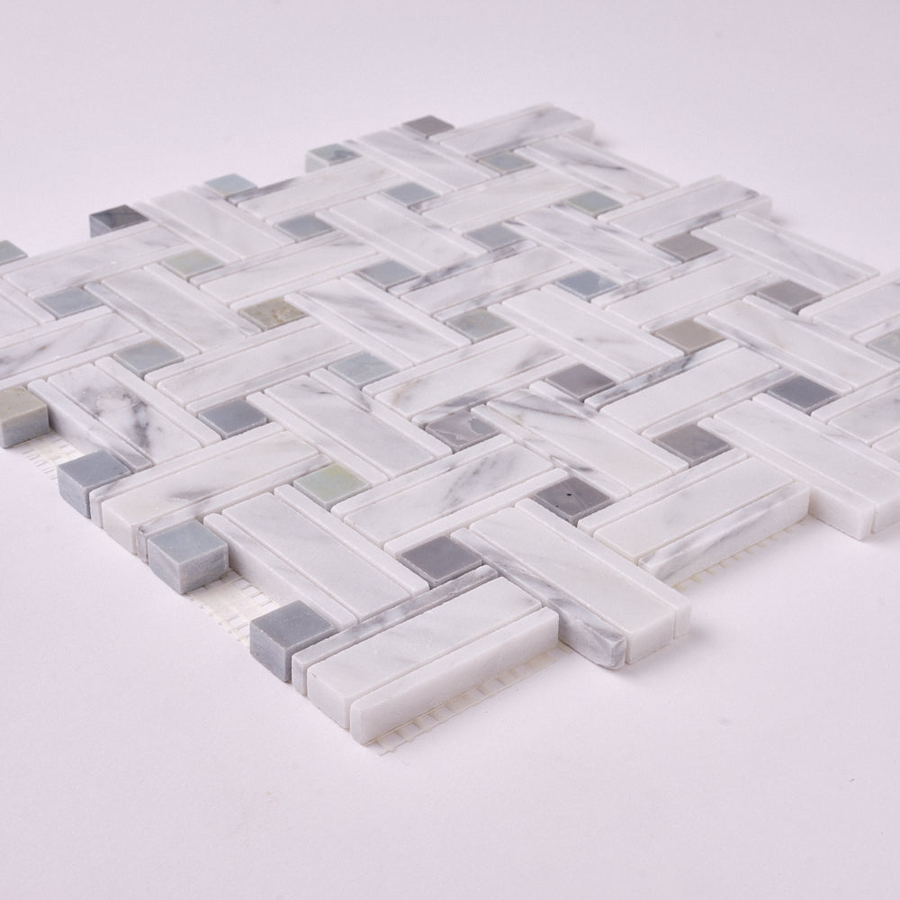 Carrara White Kenzy Basketweave with Blue Marble Polished/Honed