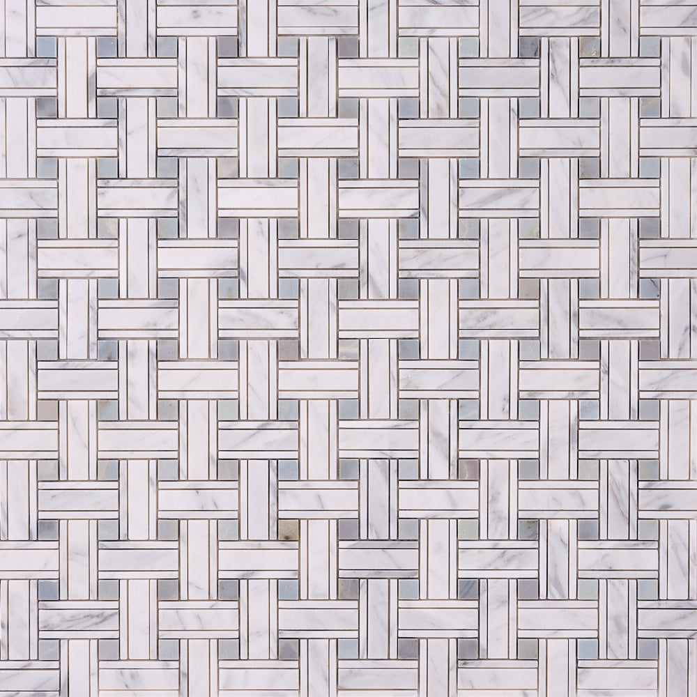 Carrara White Kenzy Basketweave with Blue Marble Polished/Honed