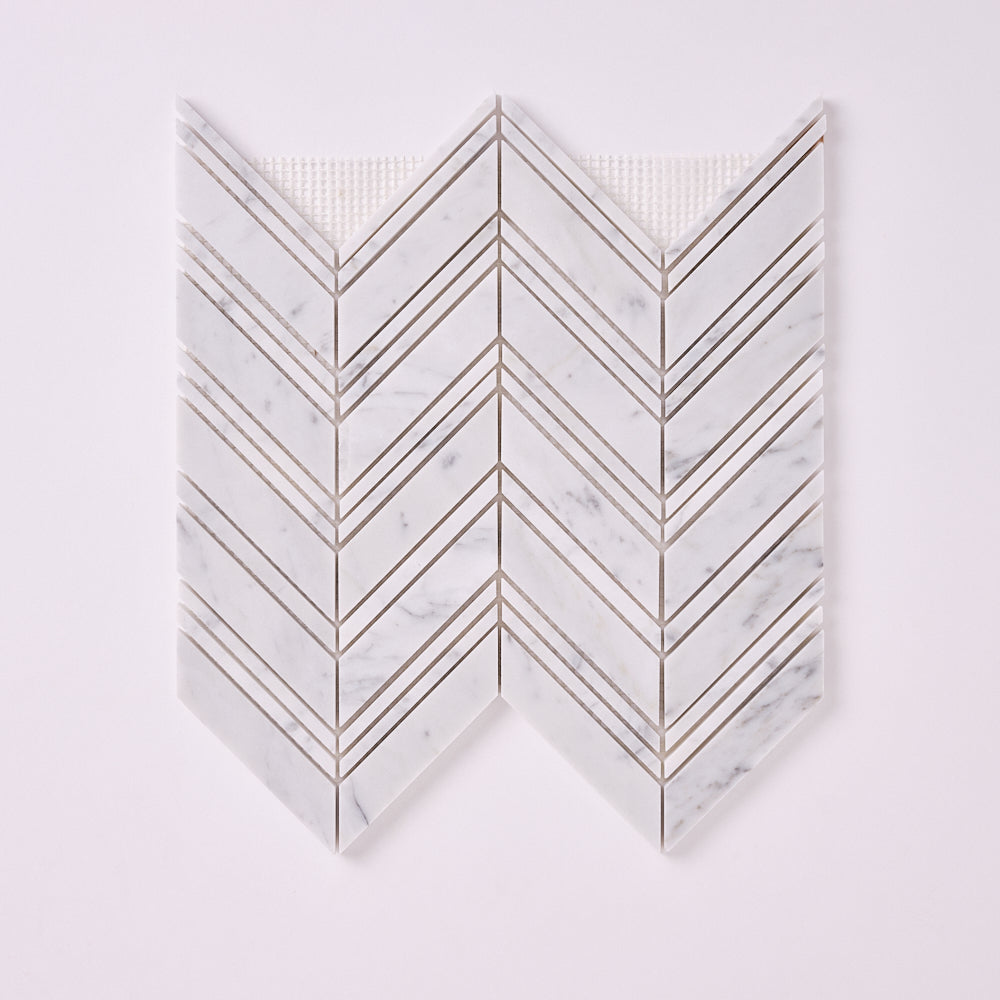 Carrara White Chevron Marble Mosaic with Carrara Strips (Polished/Honed)