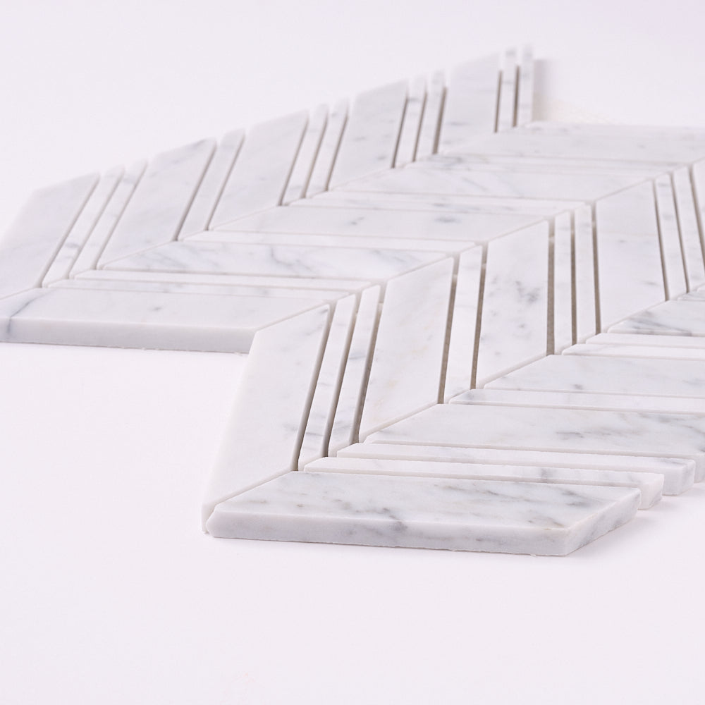 Carrara White Chevron Marble Mosaic with Carrara Strips (Polished/Honed)