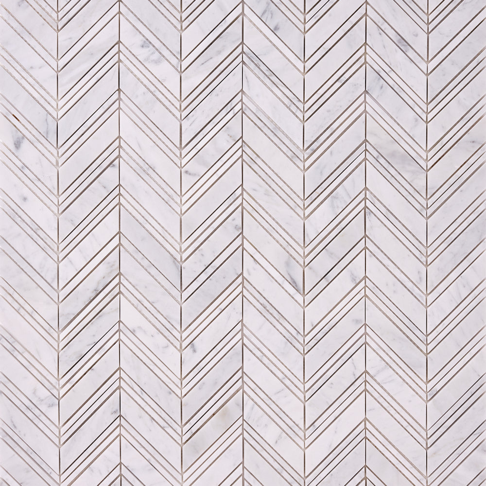 Carrara White Chevron Marble Mosaic with Carrara Strips (Polished/Honed)