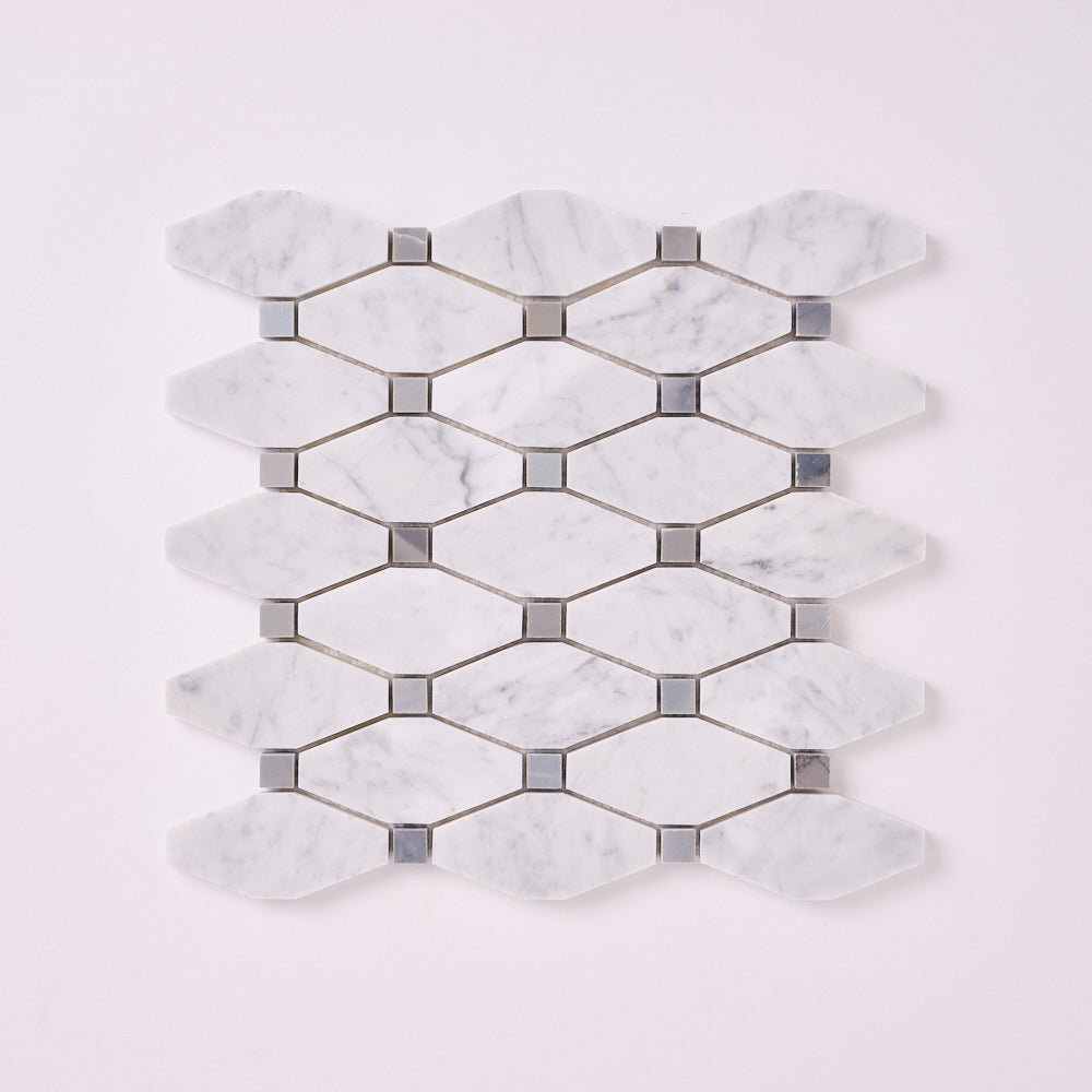 Carrara White Octave with Blue Marble Polished/Honed Mosaic