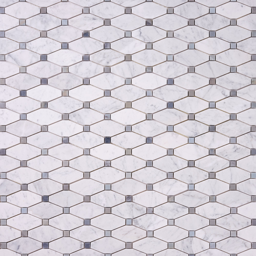 Carrara White Octave with Blue Marble Polished/Honed Mosaic