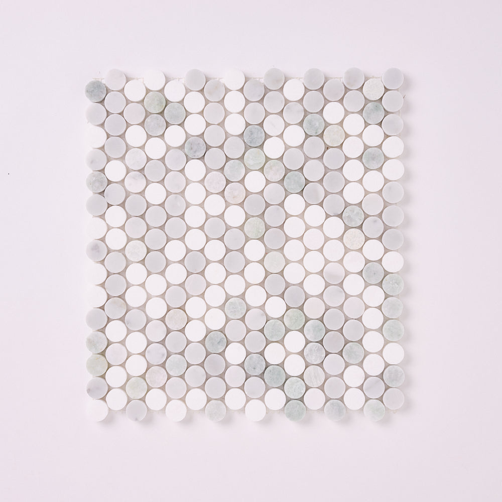 Carrara + Thassos + Green Marble Penny Rounds 12x12 Polished/Honed Tile