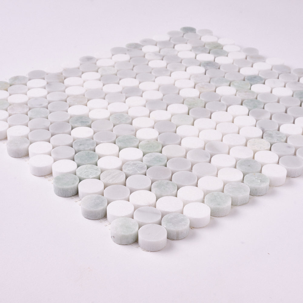 Carrara + Thassos + Green Marble Penny Rounds 12x12 Polished/Honed Tile