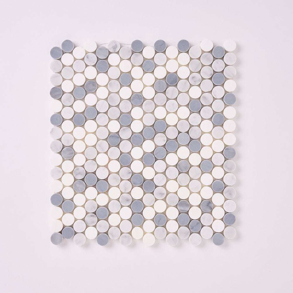Carrara + Thassos + Blue Marble Penny Rounds 12x12 Polished/Honed Tile