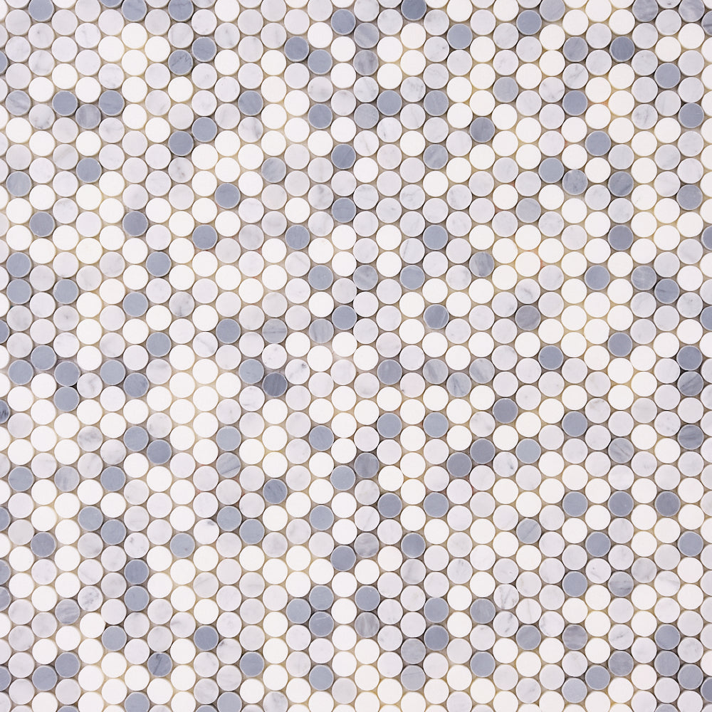 Carrara + Thassos + Blue Marble Penny Rounds 12x12 Polished/Honed Tile