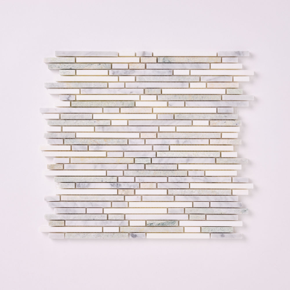 Thassos White + Carrara + Green 12x12 Polished/Honed Marble Random Strips Tile