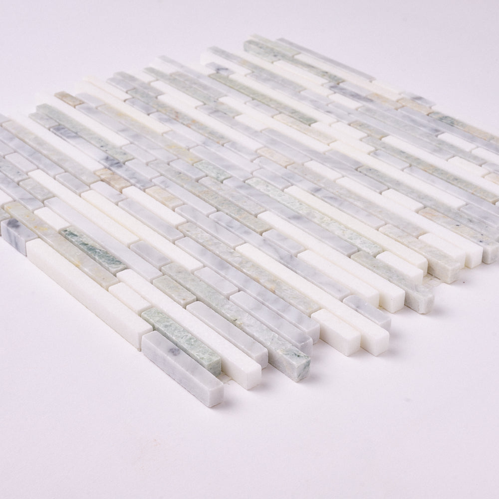 Thassos White + Carrara + Green 12x12 Polished/Honed Marble Random Strips Tile