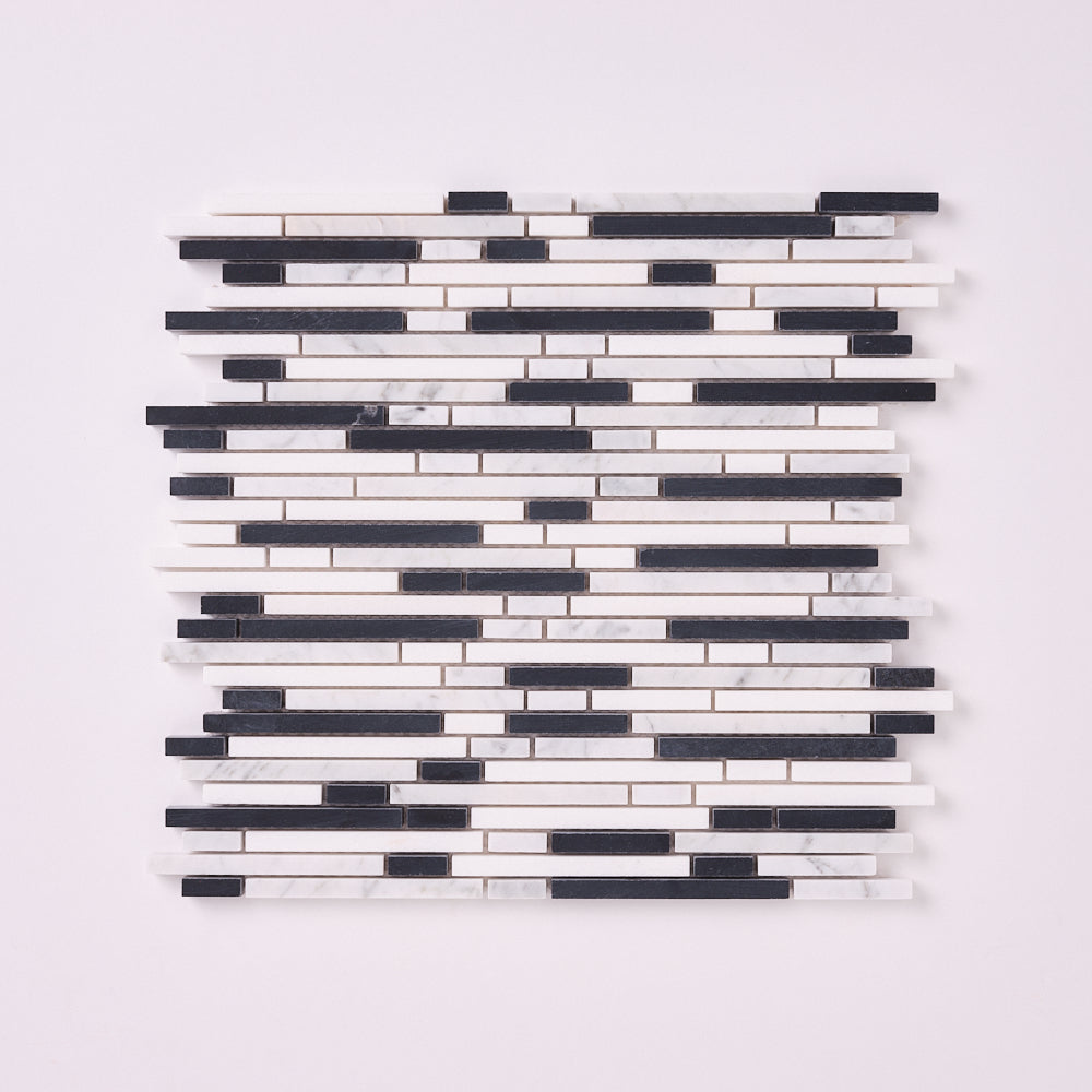 Thassos White + Carrara + Black 12x12 Polished/Honed Marble Random Strips Tile