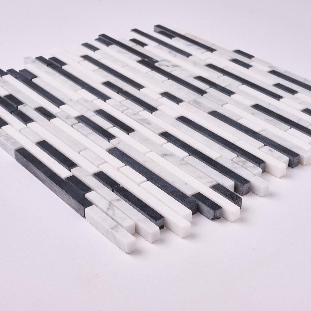 Thassos White + Carrara + Black 12x12 Polished/Honed Marble Random Strips Tile