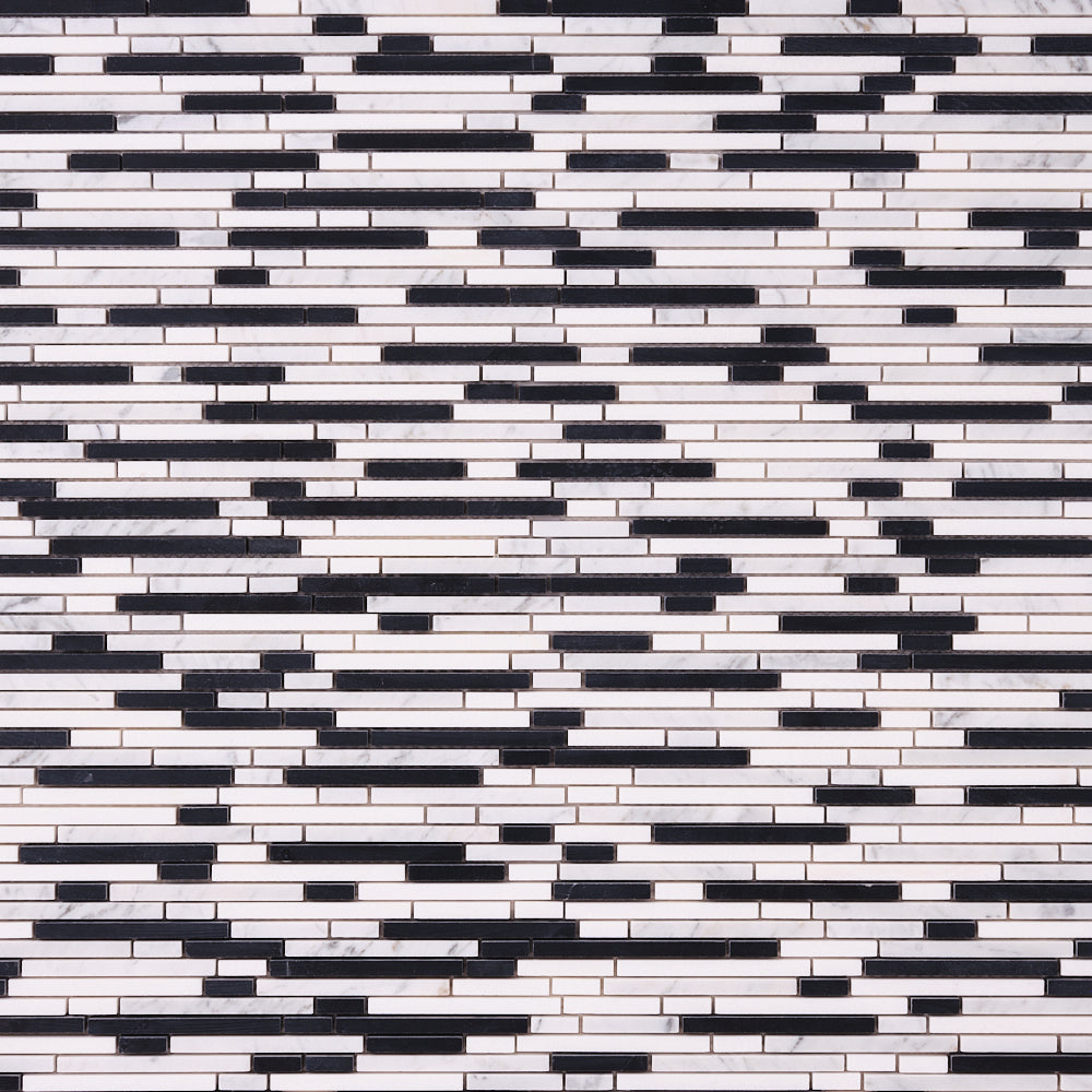Thassos White + Carrara + Black 12x12 Polished/Honed Marble Random Strips Tile