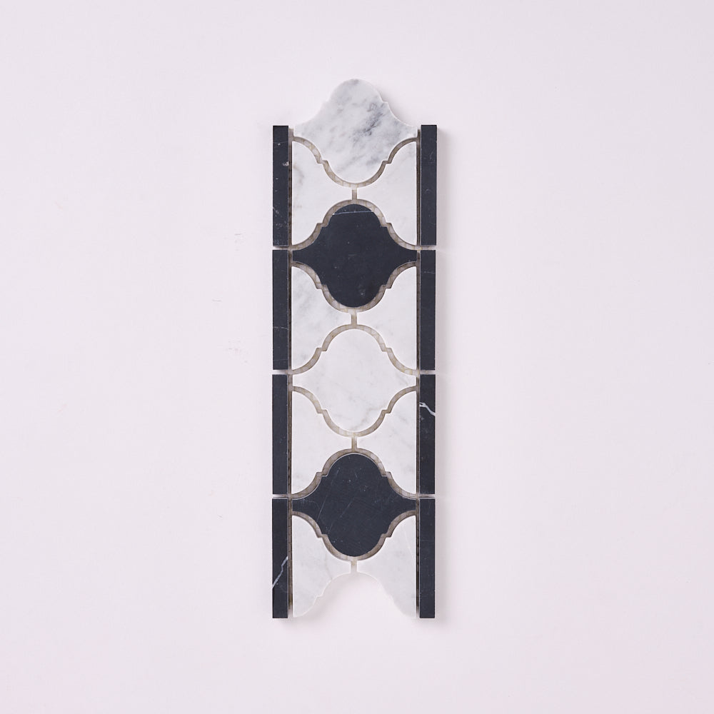 Carrara White 4x12 Lantern Border w/ Black Marble Polished/Honed