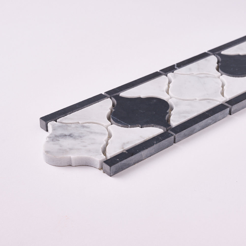 Carrara White 4x12 Lantern Border w/ Black Marble Polished/Honed