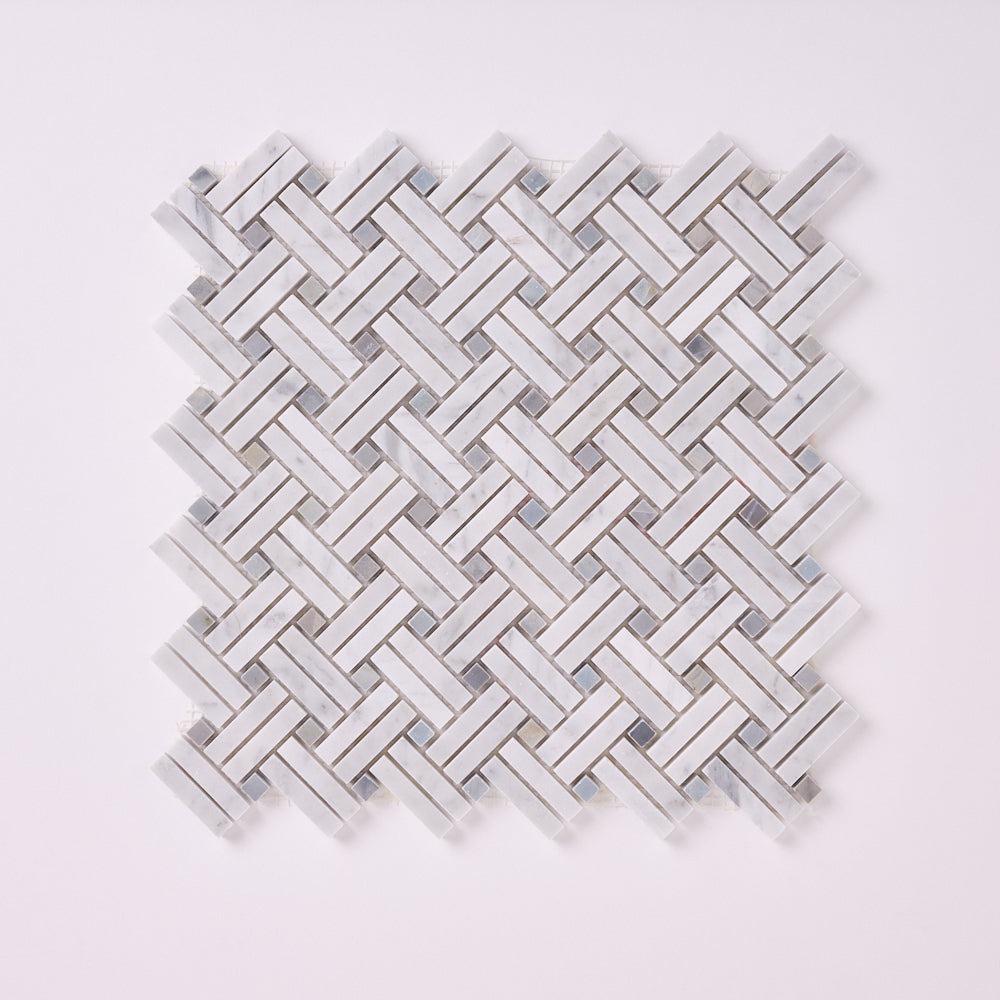 Carrara White Dimension Mosaic with Blue Dots (Polished/Honed)