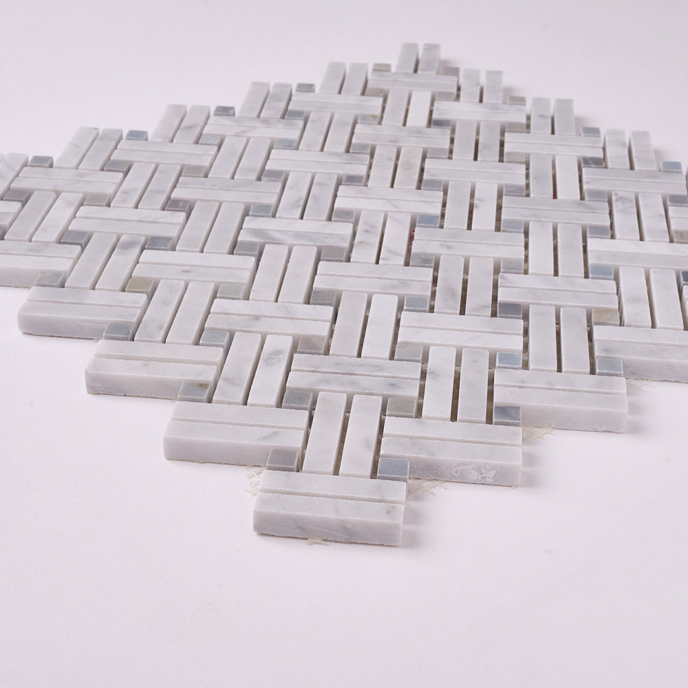 Carrara White Dimension Mosaic with Blue Dots (Polished/Honed)