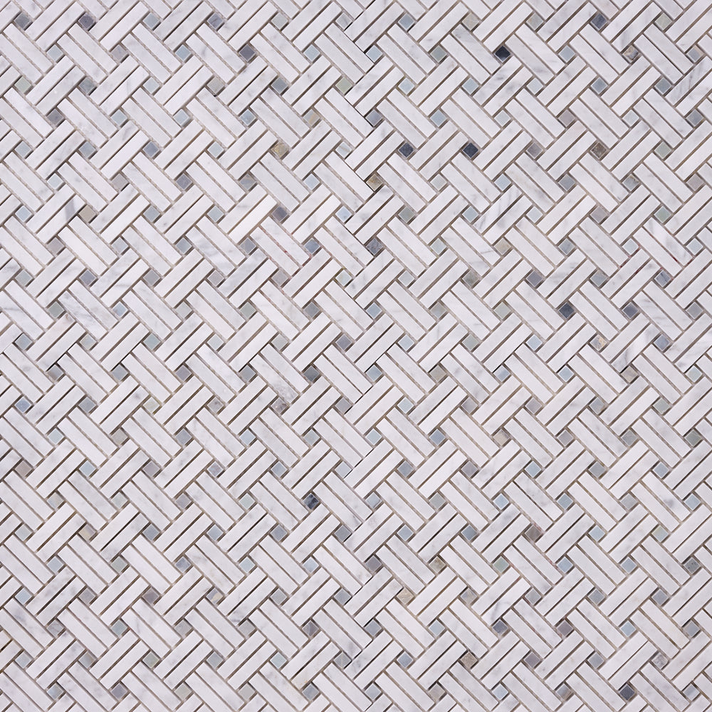 Carrara White Dimension Mosaic with Blue Dots (Polished/Honed)