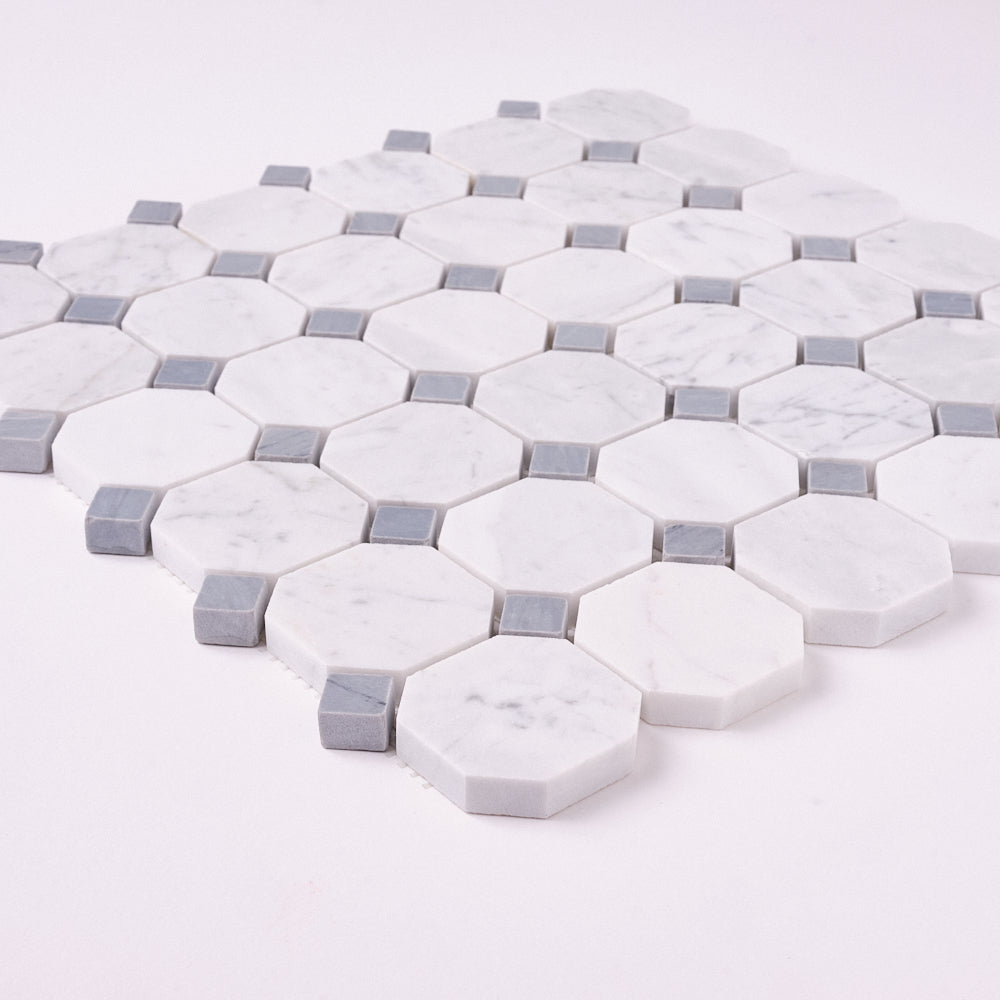 Carrara White Octagon Mosaic With Blue Marble Polished/Honed