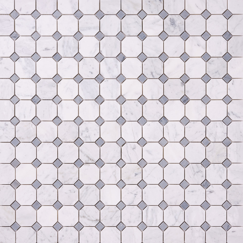 Carrara White Octagon Mosaic With Blue Marble Polished/Honed