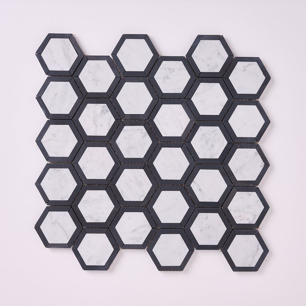 Carrara White Phantom Hex with Black Marble Polished/Honed