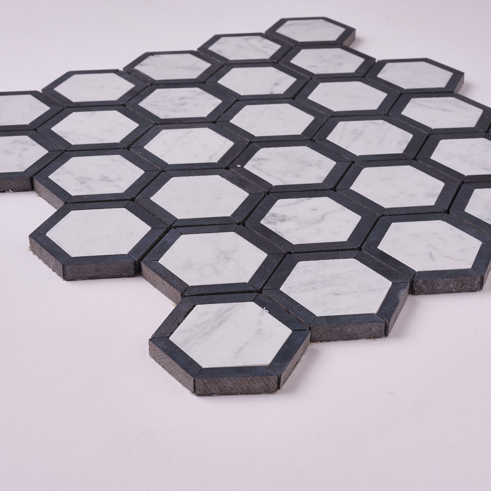 Carrara White Phantom Hex with Black Marble Polished/Honed