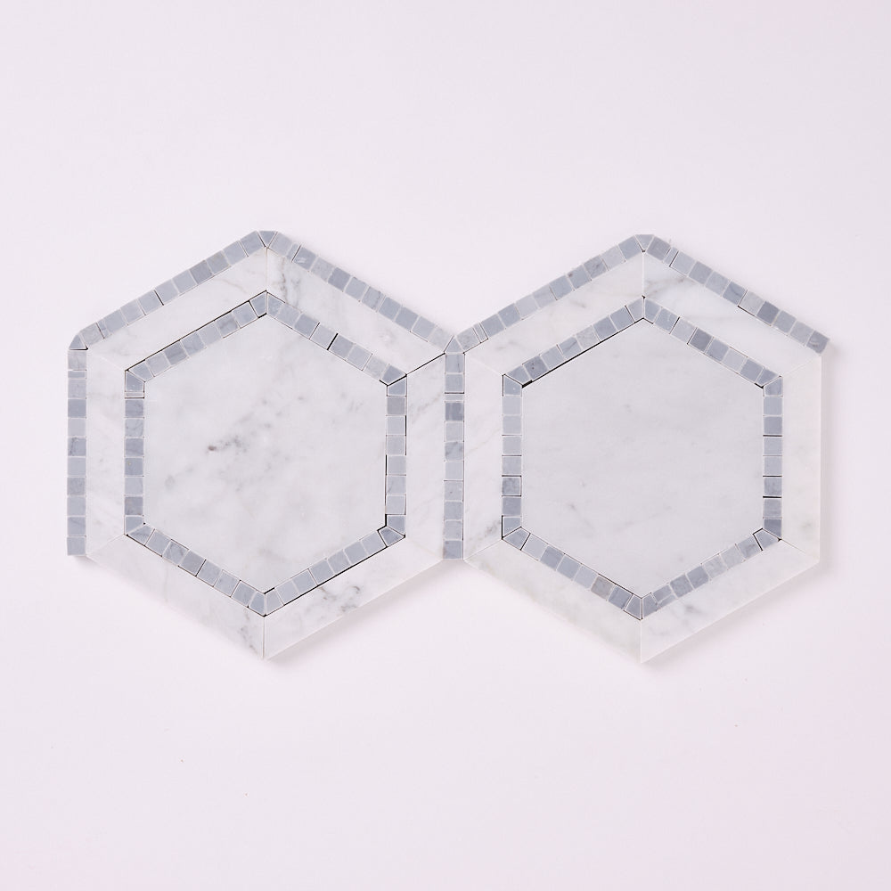 Carrara White 8x9 Milano Hexagon w/Blue Marble Mosaic