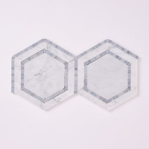 Carrara White 8x9 Milano Hexagon w/Blue Marble Mosaic