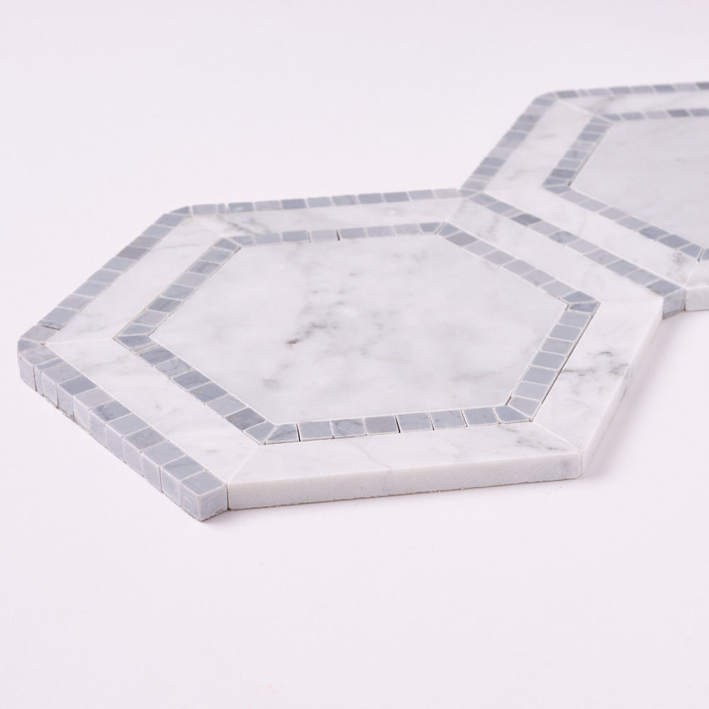 Carrara White 8x9 Milano Hexagon w/Blue Marble Mosaic