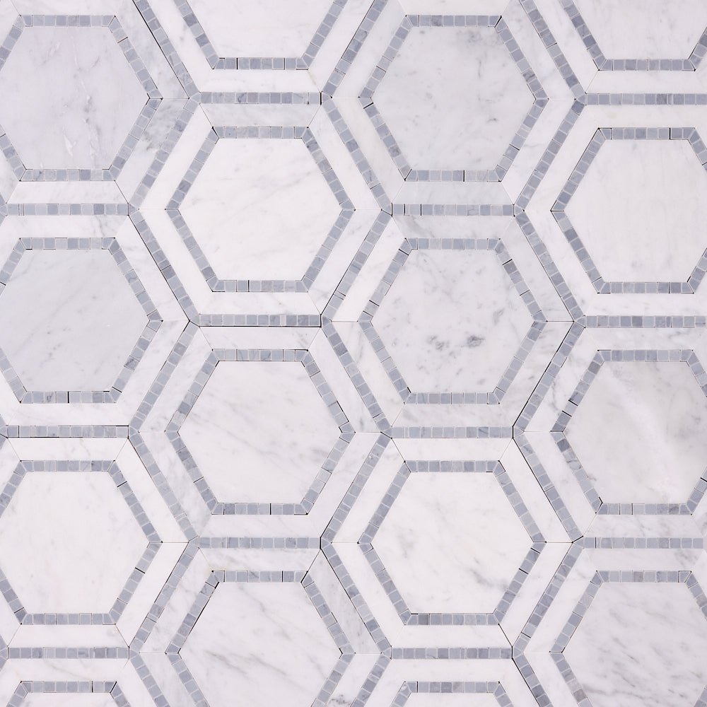 Carrara White 8x9 Milano Hexagon w/Blue Marble Mosaic