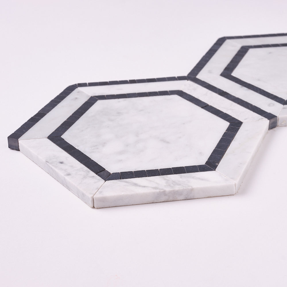 Carrara White 8x9 Milano Hexagon w/Black Marble Mosaic