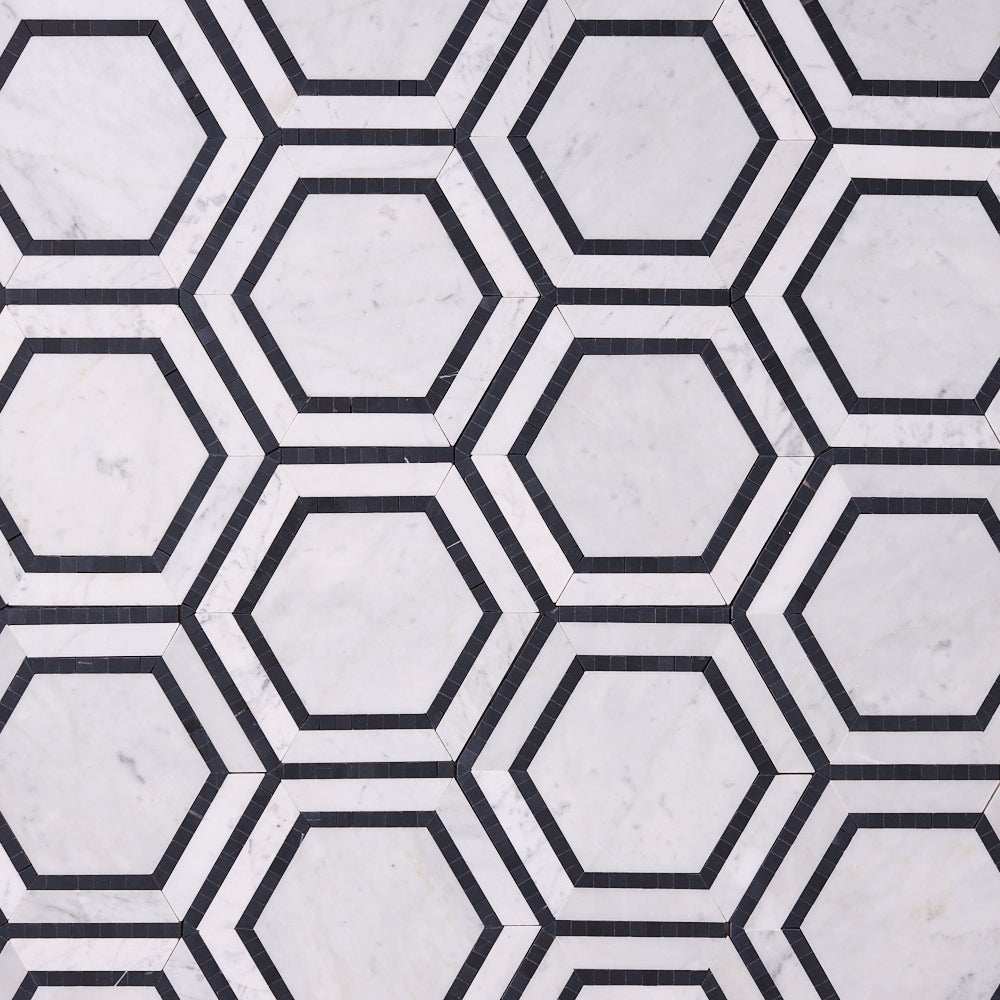 Carrara White 8x9 Milano Hexagon w/Black Marble Mosaic