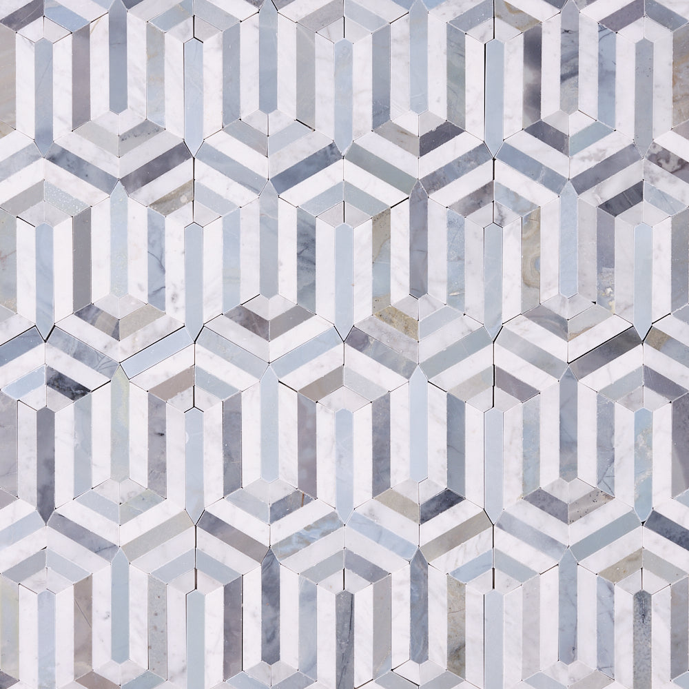 Carrara White Wiltz Blue & Gray Polished/Honed Marble Mosaic