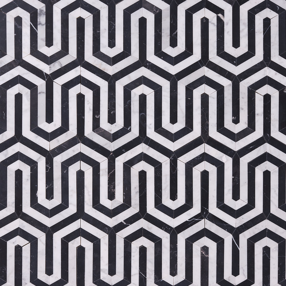 Carrara White Wiltz Black Polished/Honed Marble Mosaic
