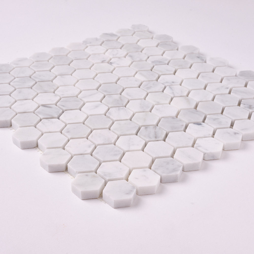 Carrara White 1″ Hexagon Polished/Honed Marble Mosaic