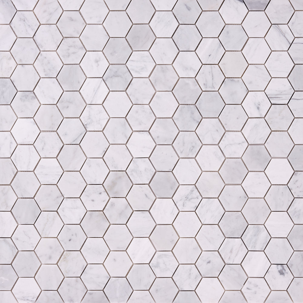 Carrara White 2″ Hexagon Polished/Honed Marble Mosaic