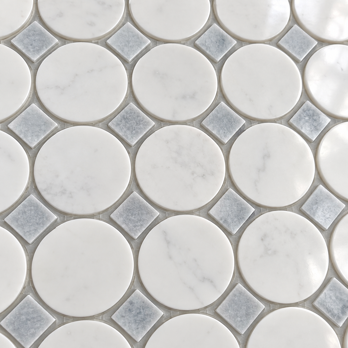 Glam Blue & Thassos Circle 12x12 Polished Marble Mosaic Tile — AI-generated detail close-up visualization; refer to original product photo for material details