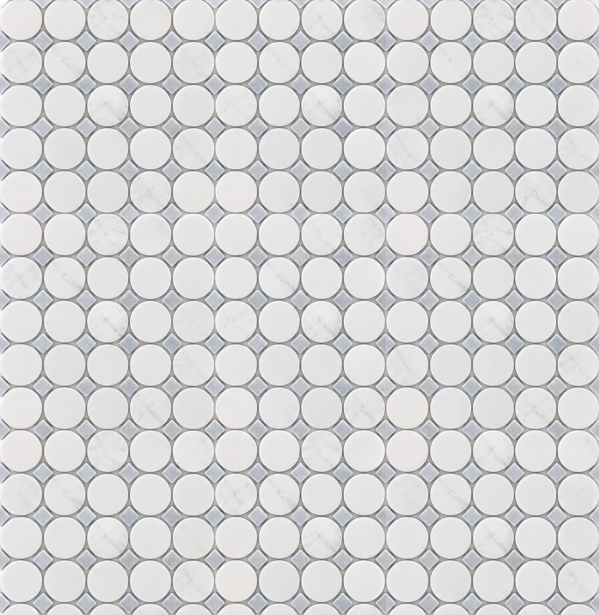 Glam Blue & Thassos Circle 12x12 Polished Marble Mosaic Tile — AI-generated expanded pattern visualization; refer to original product photo for material details