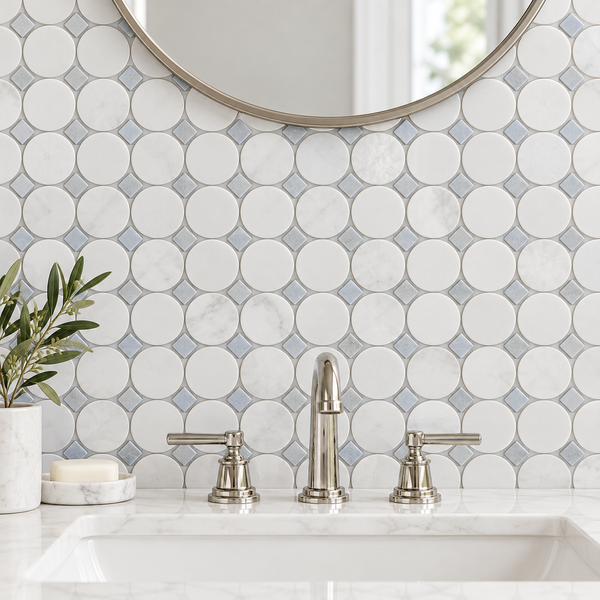 Glam Blue & Thassos Circle 12x12 Polished Marble Mosaic Tile