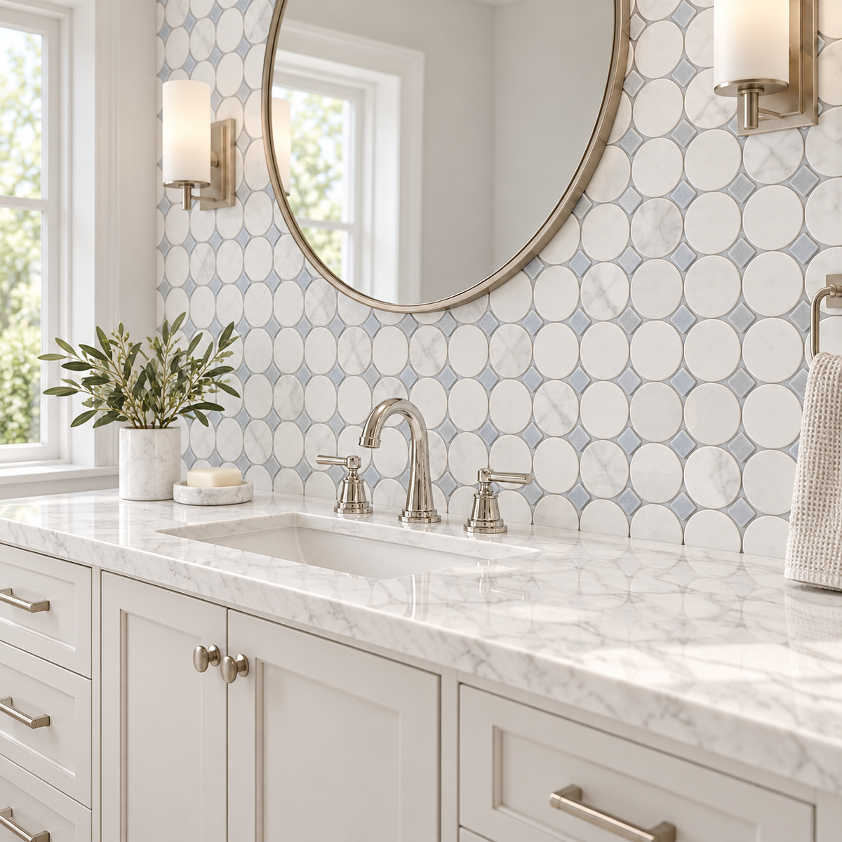 Glam Blue & Thassos Circle 12x12 Polished Marble Mosaic Tile — AI-generated alternate room angle visualization; refer to original product photo for material details