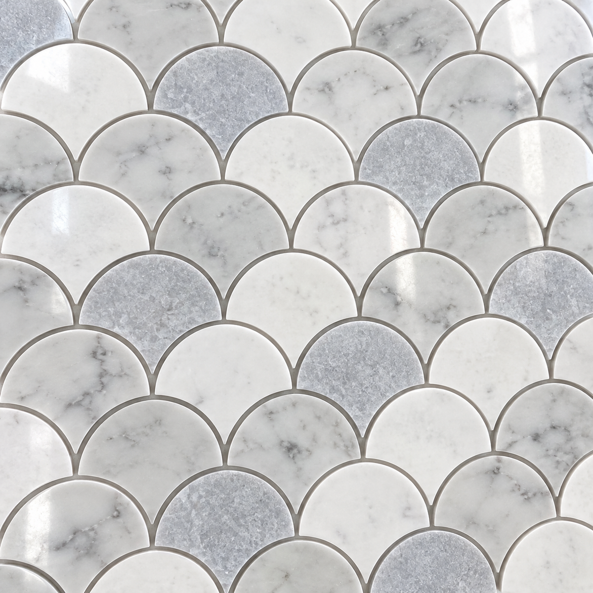 Glam Blue Mix Carrara Fan 12x12 Polished Marble Mosaic Tile — AI-generated detail close-up visualization; refer to original product photo for material details